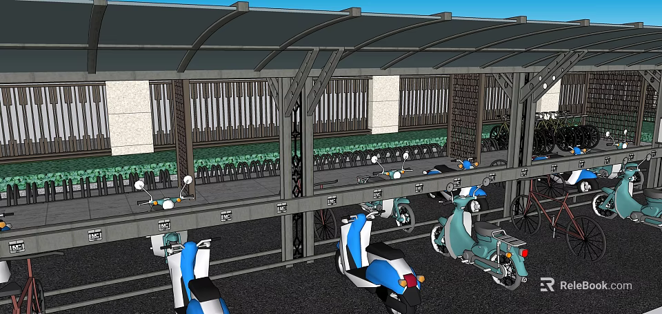 Covered Outdoor Bicycle And Scooter Parking Shelter With Rows Of Vehicles 3d model 