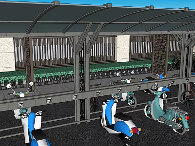 Covered Outdoor Bicycle And Scooter Parking Shelter With Rows Of Vehicles 3d model