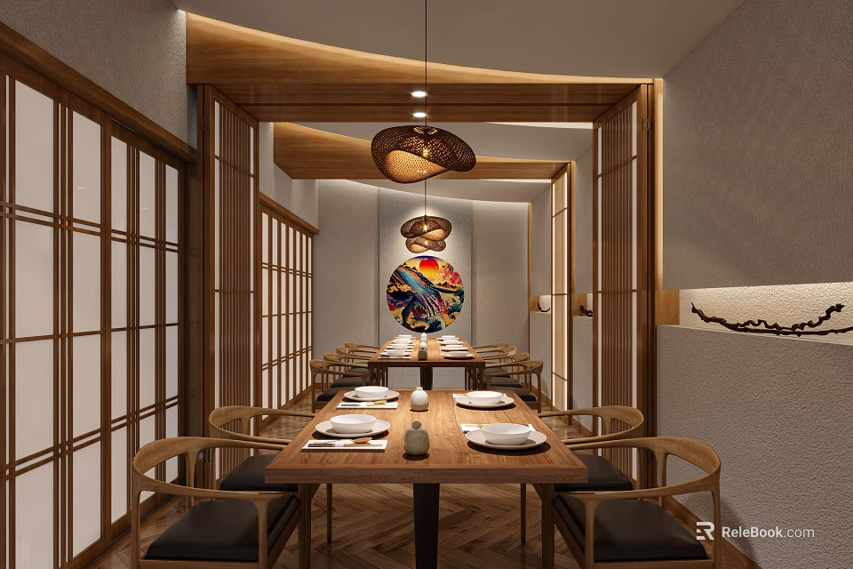 Japanese Private Dining Room with Wooden Sliding Doors Dining Table and Decorative Painting 3d model 