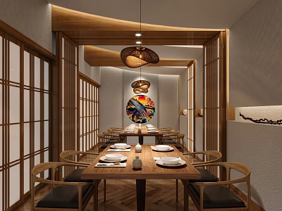 Japanese Private Dining Room with Wooden Sliding Doors Dining Table and Decorative Painting 3d model