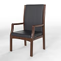 Four Black Leather Leisure Chairs With Wooden Arms And Legs And One Wheeled Design