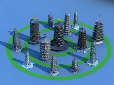 Traditional Pagodas Arranged In Circle With Various Styles On Blue Background And Green Ring 3d model
