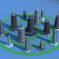Traditional Pagodas Arranged In Circle With Various Styles On Blue Background And Green Ring