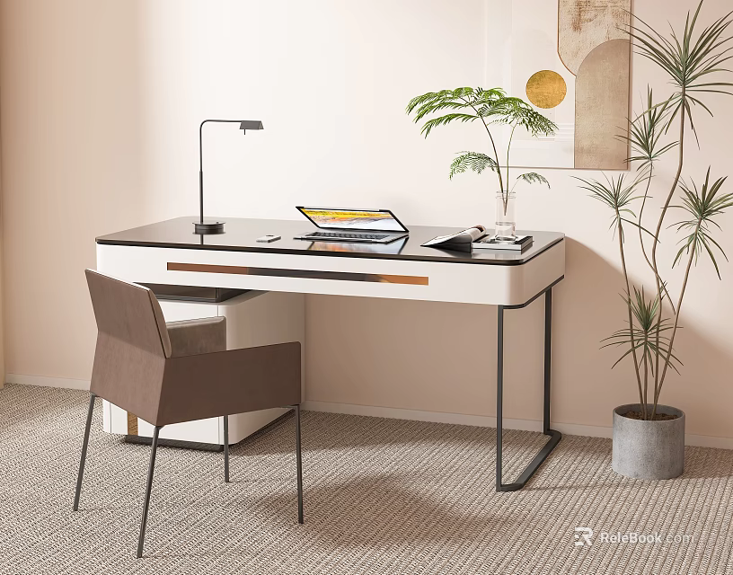 Modern Desk with Table Lamp Laptop Book Chair and Plants Near Decorative Art on Carpet 3d model 