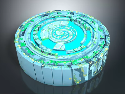 Circular Spiral Structure with Blue Green Glowing Layers and Geometric Design 3d model