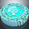 Circular Spiral Structure with Blue Green Glowing Layers and Geometric Design