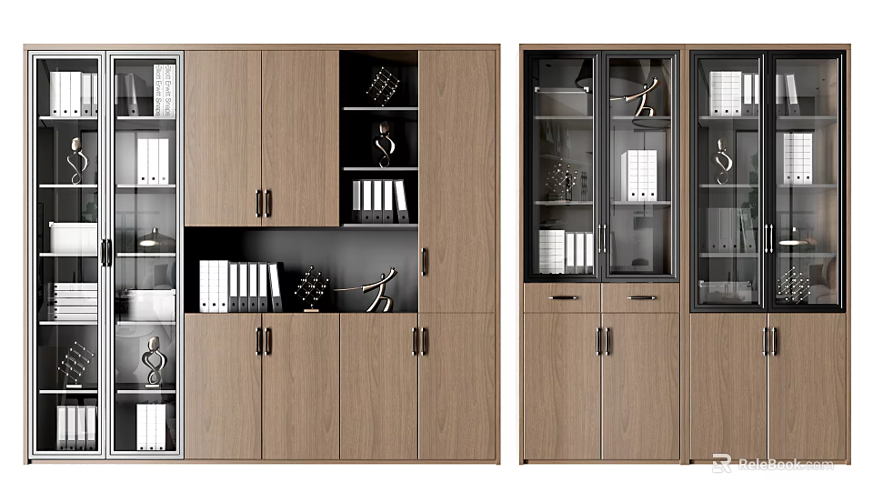 Modern Wooden Bookcase Interior With Glass Doors Open Shelves Books And Decorations 3d model 
