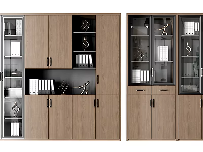 Modern Wooden Bookcase Interior With Glass Doors Open Shelves Books And Decorations 3d model