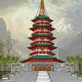 Traditional Ancient Chinese Pagoda With Green Roof Red Body And Mountain Lake View