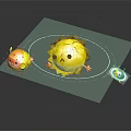 Cartoon Scene With Yellow Sun Like Character Small Round Figures Floating On Black Background
