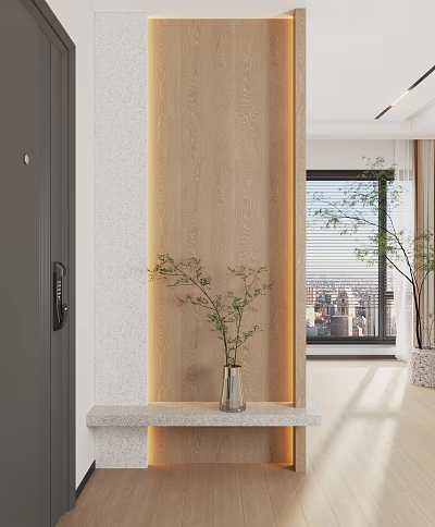Modern Entryway With Wooden Decor Gray Door Table Vase Plant And Natural Light Outside View 3d model