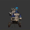 Enchanted Fantasy Castle Design With Blue Spires White Walls Mechanical Base And Floating Ribbons