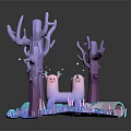 3D Rendered Fantasy Forest Scene With Colorful Trees Blue Grass And Round Elements