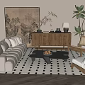 Modern Natural White Sofa Black Coffee Table Set With Checkered Rug And Wooden Chairs