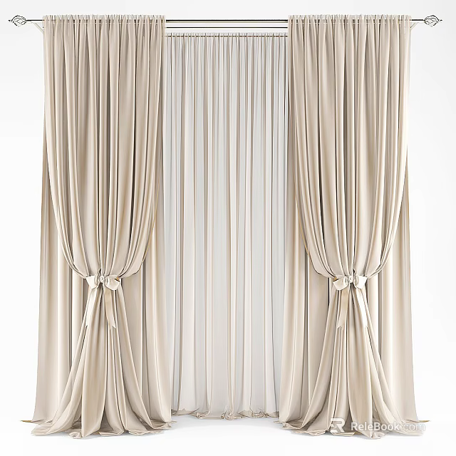 Elegant Beige Curtains With Tieback Design And Sheer Inner Layers 3d model 