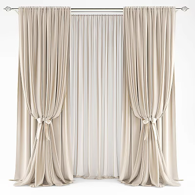Elegant Beige Curtains With Tieback Design And Sheer Inner Layers 3d model