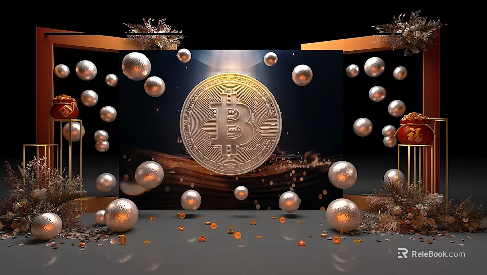 Elegant Bitcoin Display With Golden Spheres Festive Decorations And Red Lanterns 3d model 