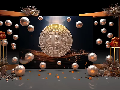 Elegant Bitcoin Display With Golden Spheres Festive Decorations And Red Lanterns 3d model