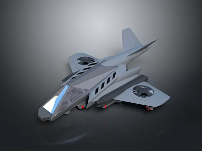 Futuristic 3D Model Flying Vehicle With Gray Streamlined Body Rotors Transparent Cockpit And Landing Gear 3d model