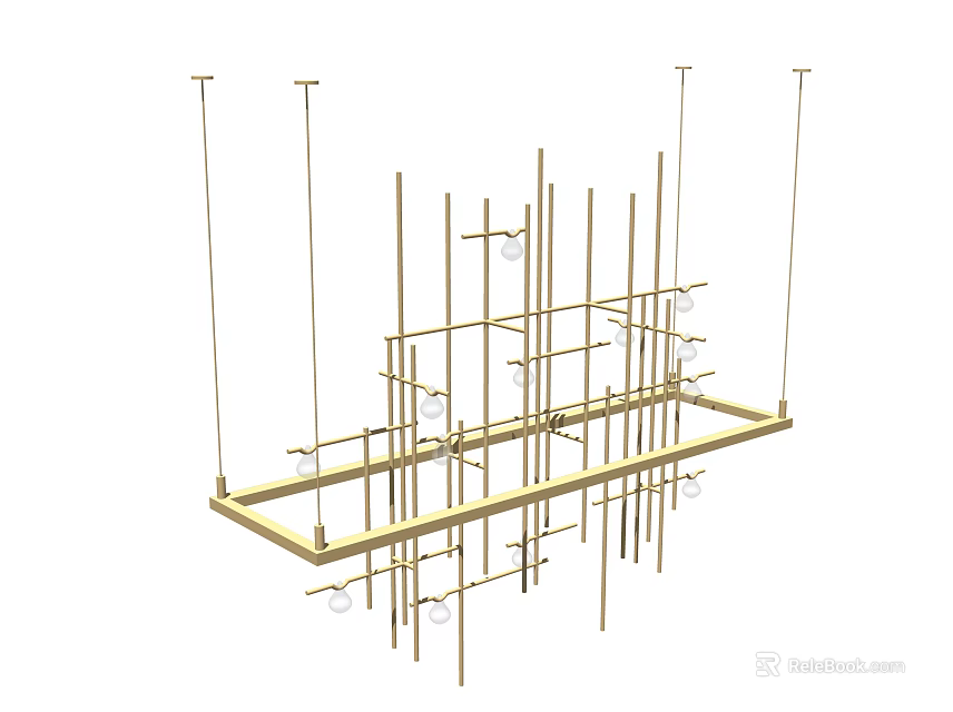 Modern Gold Metal Chandelier With Rectangular Frame And Multiple Slender Hanging Rods 3d model 