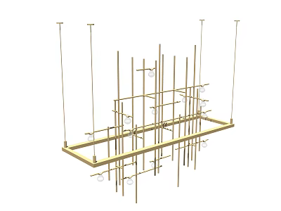 Modern Gold Metal Chandelier With Rectangular Frame And Multiple Slender Hanging Rods 3d model