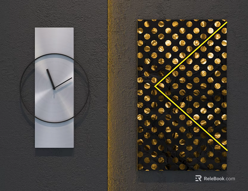 Contemporary Wall Hangings Including Silver Rectangular Clock And Black Panel With Gold Dots Yellow Lines 3d model 