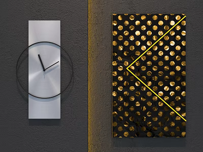 Contemporary Wall Hangings Including Silver Rectangular Clock And Black Panel With Gold Dots Yellow Lines 3d model