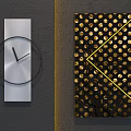 Contemporary Wall Hangings Including Silver Rectangular Clock And Black Panel With Gold Dots Yellow Lines 3d model