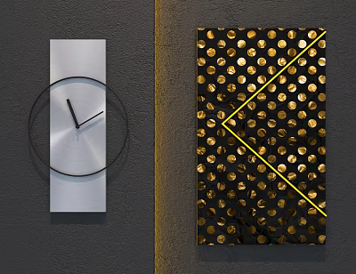 Contemporary Wall Hangings Including Silver Rectangular Clock And Black Panel With Gold Dots Yellow Lines 3d model
