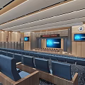 Spacious Conference Room With Rows of Blue Seats Modern Ceiling And Patterned Carpet