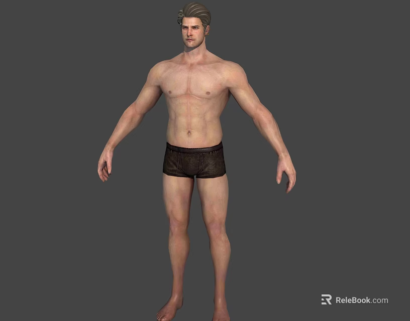 Shirtless Male 3D Model in Black Underwear Standing Pose on Gray Background 3d model 