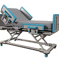 Medical Bed with Adjustable Backrest Leg Sections Gray Mattress Blue Rails Metal Frame and Wheels