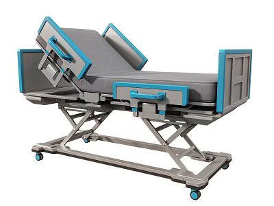 Medical Bed with Adjustable Backrest Leg Sections Gray Mattress Blue Rails Metal Frame and Wheels 3d model