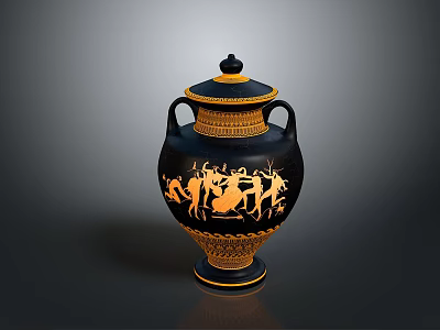 Black Ceramic Vase With Lid Handles And Golden Sculpted Figure Carvings 3d model