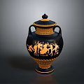 Black Ceramic Vase With Lid Handles And Golden Sculpted Figure Carvings