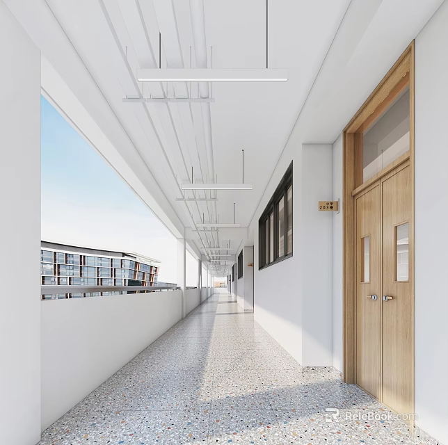 Elevator Corridor With White Walls Wooden Door And Linear Ceiling Lights 3d model 