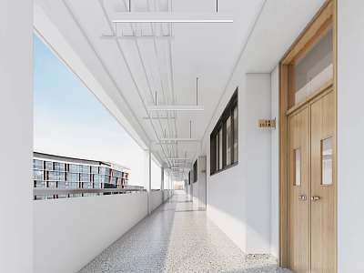 Elevator Corridor With White Walls Wooden Door And Linear Ceiling Lights 3d model