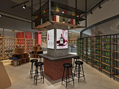 Supermarket Interior With Bar Counter Stools Wine Racks And Product Shelves 3d model