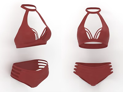 Stylish Red Bikini Collection with Halter Neck Tops and Strappy Bottoms 3d model