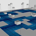 Futuristic Digital Cityscape With Blue Glowing Grid Floors And White Cubes