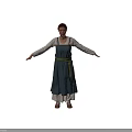 Woman In Blue Apron With White Long Sleeves And Green Belt Arms Outstretched