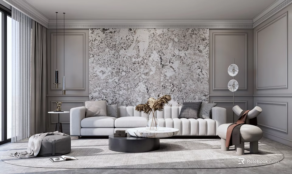 Modern Luxury Beige Sofa And Marble Coffee Table Set With Gray Wall Artwork 3d model