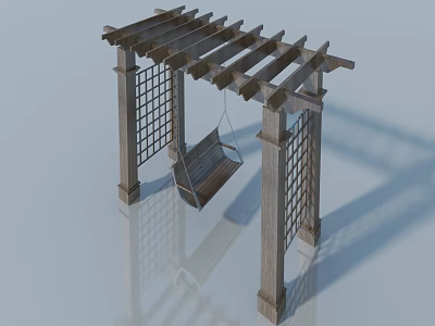 Wooden Hinged Door With Lattice Panels In Outdoor Pergola With Swing Seat 3d model