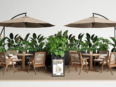 Outdoor Garden Patio Chairs With Umbrella Green Plants And Wooden Floor 3d model
