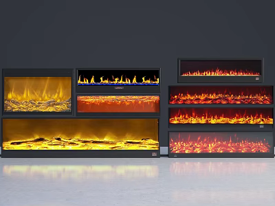 Modern Electric Fireplaces Displayed With Various Flame Effects And Multiple Styles 3d model