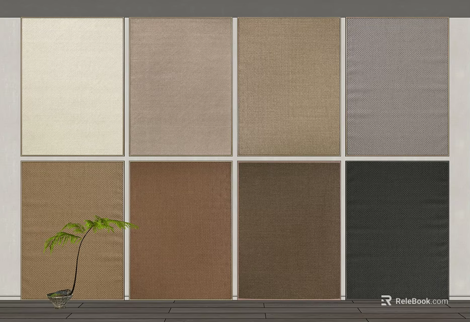 Square Carpets in Various Neutral Tones Textured Design with Decorative Plant 3d model 