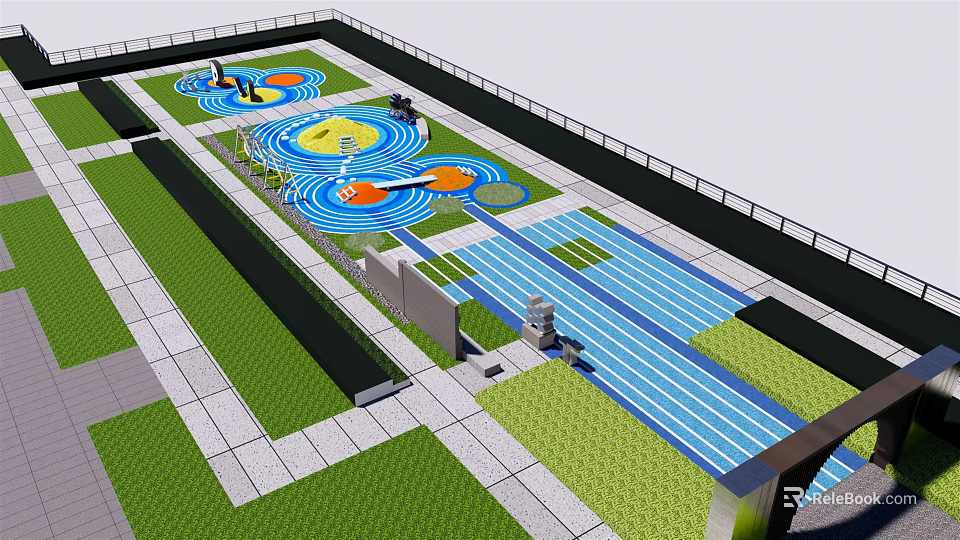 Children's Play Area With Colorful Circular Ground Design And Blue Running Track 3d model 