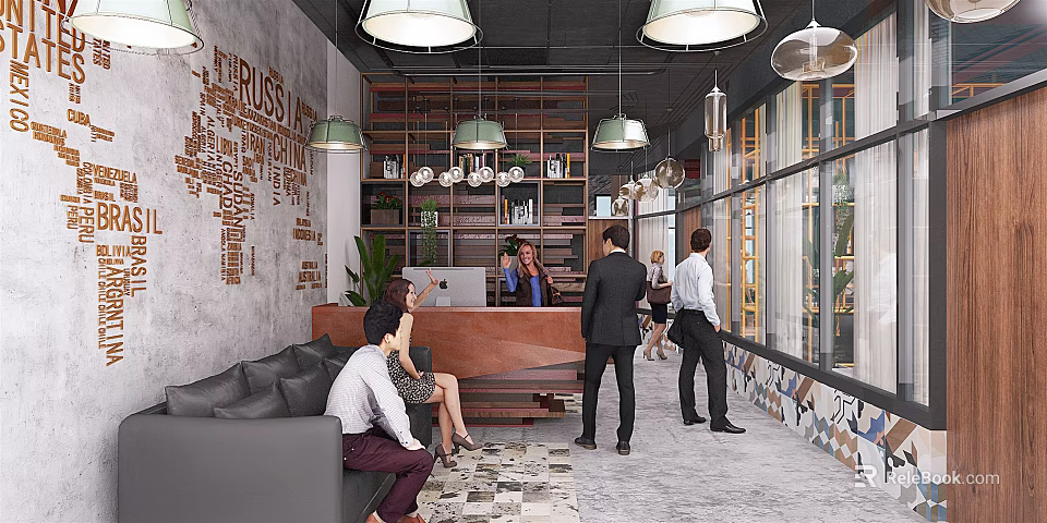 Modern Front Desk Reception Area With Receptionist Assisting People And Decorative Wall Art 3d model 