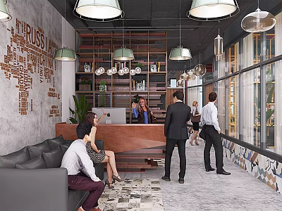 Modern Front Desk Reception Area With Receptionist Assisting People And Decorative Wall Art 3d model