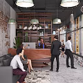 Modern Front Desk Reception Area With Receptionist Assisting People And Decorative Wall Art